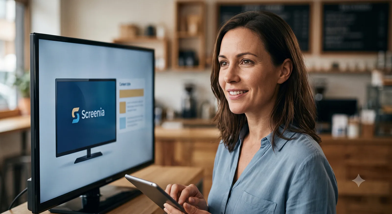 Företagare använder Screenia för digital skyltning på en vanlig TV
